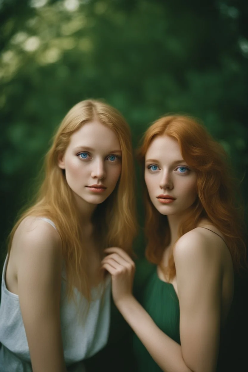 Create a portrait of two young, contemporary women. One is slim and high with blond hair and blue eyes, the second one is chubby, small with ginger hair and green eyes. Women look into eyes each other. Photo taken by a Mamiya M645 camera with a portrait lens on classic medium-format film