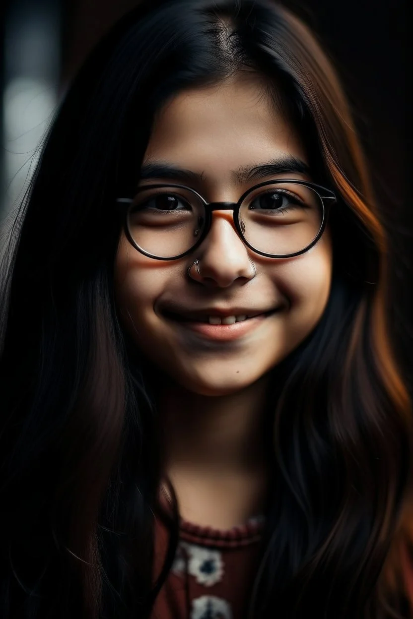 portrait of a 14 year old girl named Leila Khan, best friend of a main character of a youth novel, Malaysian, full lips, dark brown hair, glasses smiling