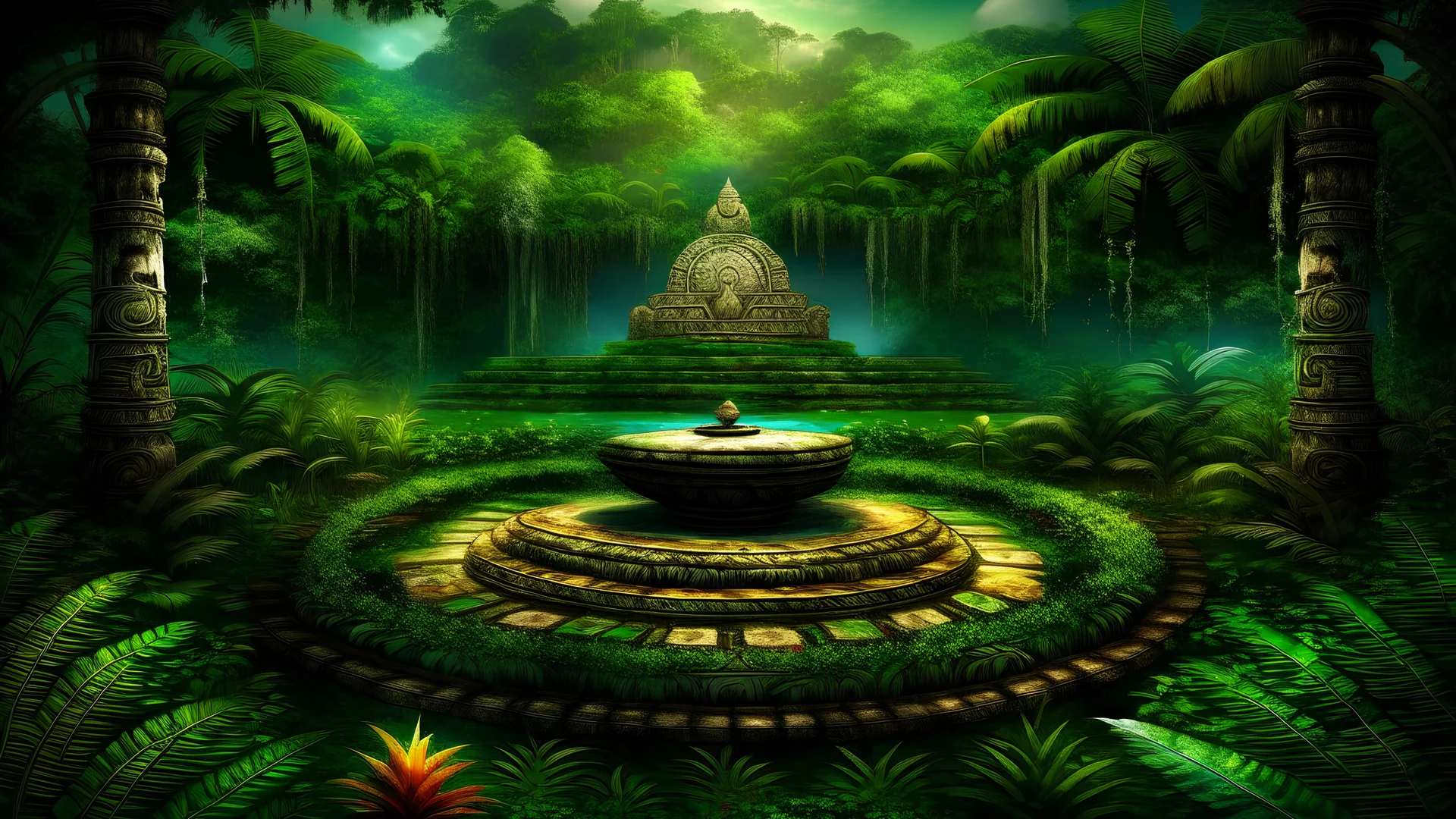 meditation round podium , My With dreams. day landscape, noon . the garden my mind bows . the temple mayan view in the midst in the jungle palms , where you can see the fire and smell the smoke, galaxy, space, ethereal space, panorama. With the songs of dawn and the sadness of sleep Every leaf - that trembles in the embrace of the black My With dreams, An otherworldly planet, The place planet earth it's called Mount Roraima. A rocky mountain