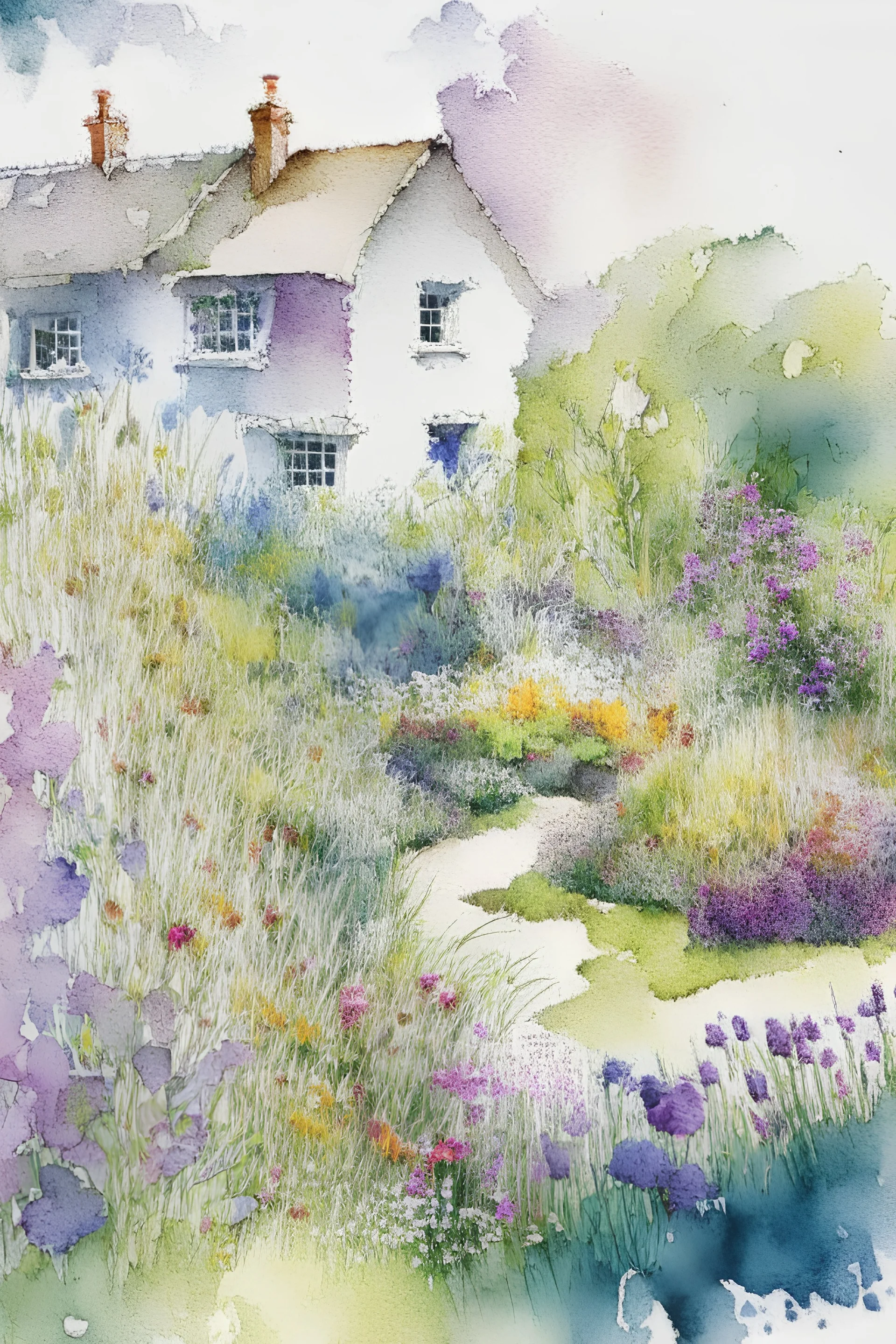 abstract watercolour english cottage garden in the style of jean haines, centred