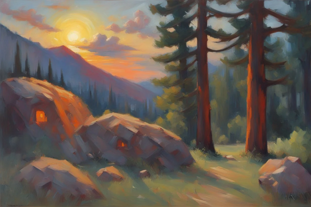 Night, mountains, rocks, 90's sci-fi movies influence, wilfrid de glehn impressionism paintings