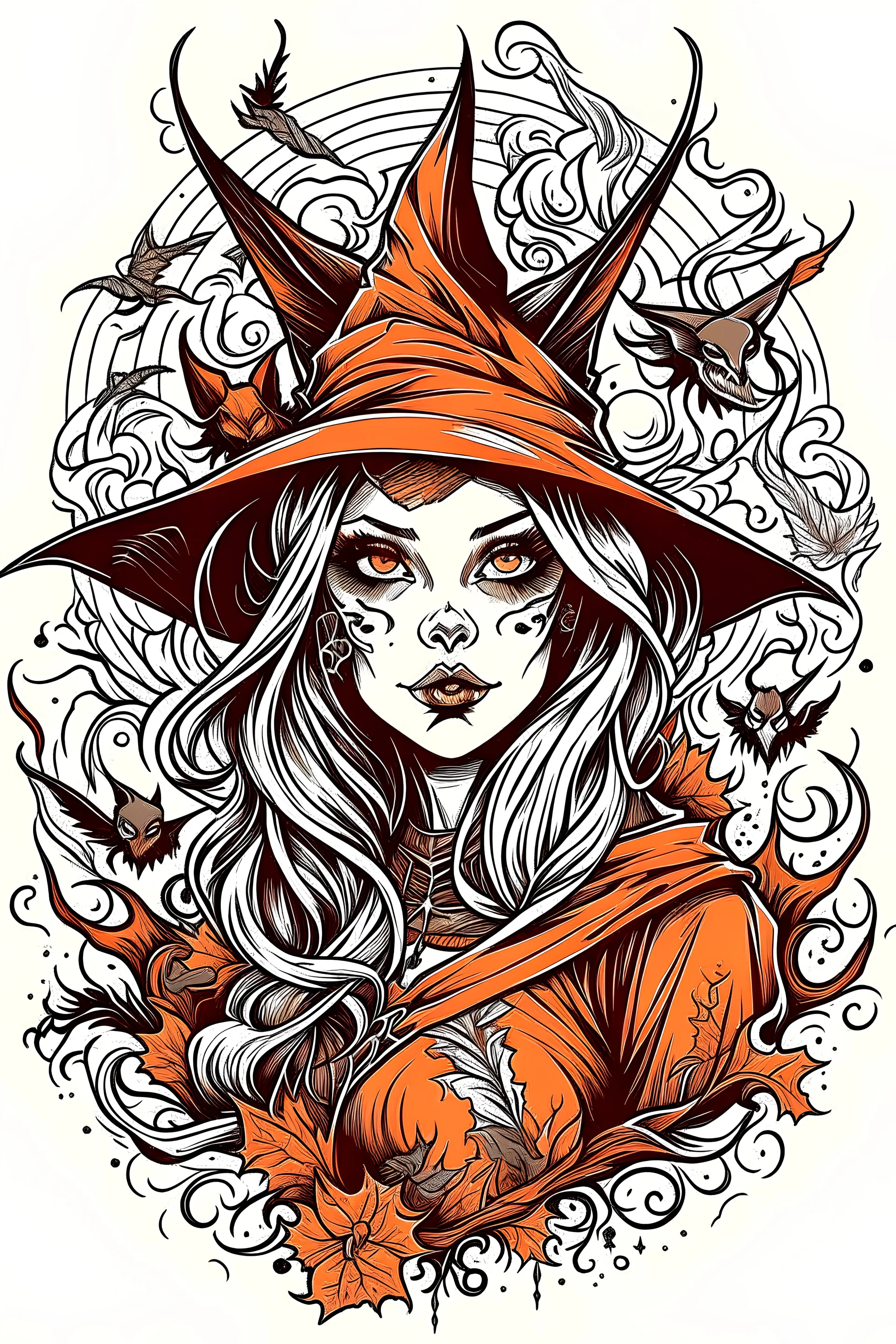 vector T-shirt art, fantasy art, witch, bat, Halloween, perfect eyes, fine sketch, very detailed and fresh-looking youn