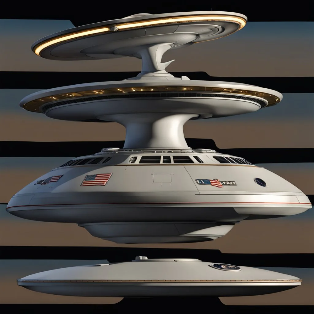 photorealistic uss enterprise ncc-1701X, saucer section connected by a thick angled neck down to the body of the ship, a long pillshaped oval with a deflector dish stuck in the front and a landing bay in the rear