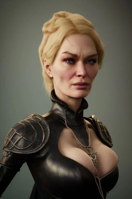 Cersei Lannister as evil mistress in black leather, dominatrix, bdsm, busty, cleavage, curvy, lena headay, angry, stern look. character design by cory loftis, fenghua zhong, ryohei hase, ismail inceoglu and ruan jia. unreal engine 5, artistic lighting, highly detailed, photorealistic, fantasy