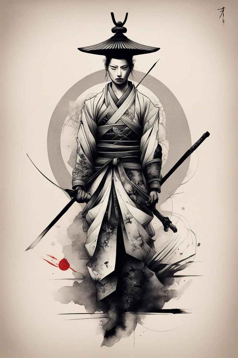 Create a captivating modern 2d ink tattoo design for print , prestigious Divine Samurai using the elegant influences of japan art style, for print, dynamic elements from fashion and design, and bold Japanese contemporary art aesthetics, framing centered in the center, distanced from the edges of the paper perimeter, perfect anatomy, bauhaus, Divine Proportion,