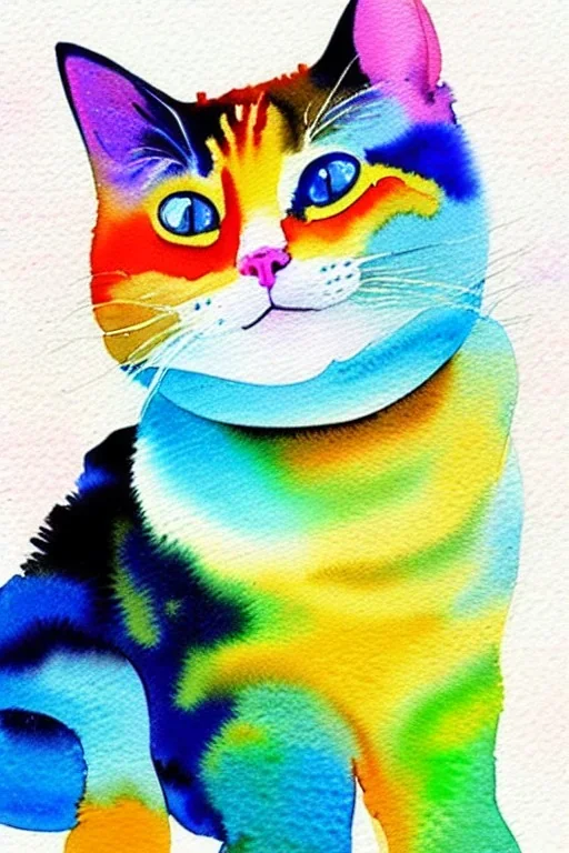 watercolor painting, happy cat, bright color,