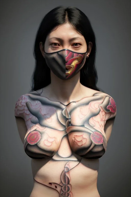 Ultra Realistic image, 38 years old madrid woman, portrait, small complexion, natural small busty, traditional Japanese body tattoo, jakuza style, put traditional Japanese mask, vibrant color, highly detailed, art stations, concept art, smooth, unreal engine 5, god rays, ray tracing, RTX, lumen lighting, ultra detail, volumetric lighting.