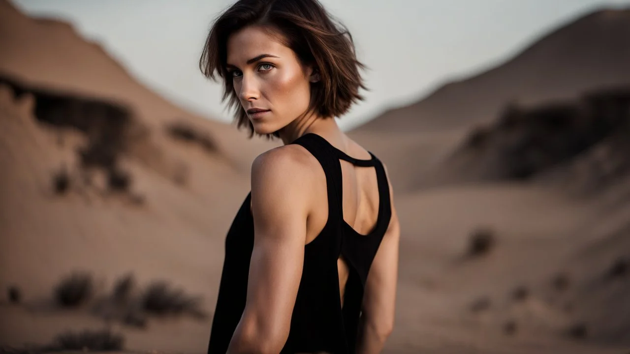 beautiful slender caucasian female technician, black tank top, well toned muscles, weathered face, scratched sand camo metal details, short brunette wavy bob haircut, dystopian, desert scene, bloody wounds, explosions in background, wounded by gunfire