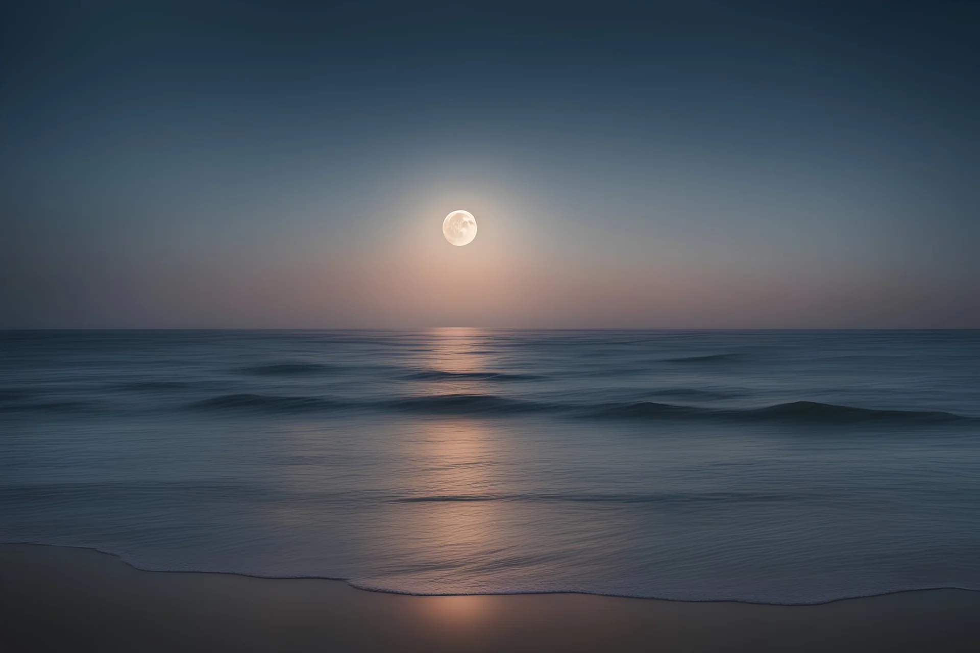 a calm image of the ocean during nightfall. A full moon rises above in the sky