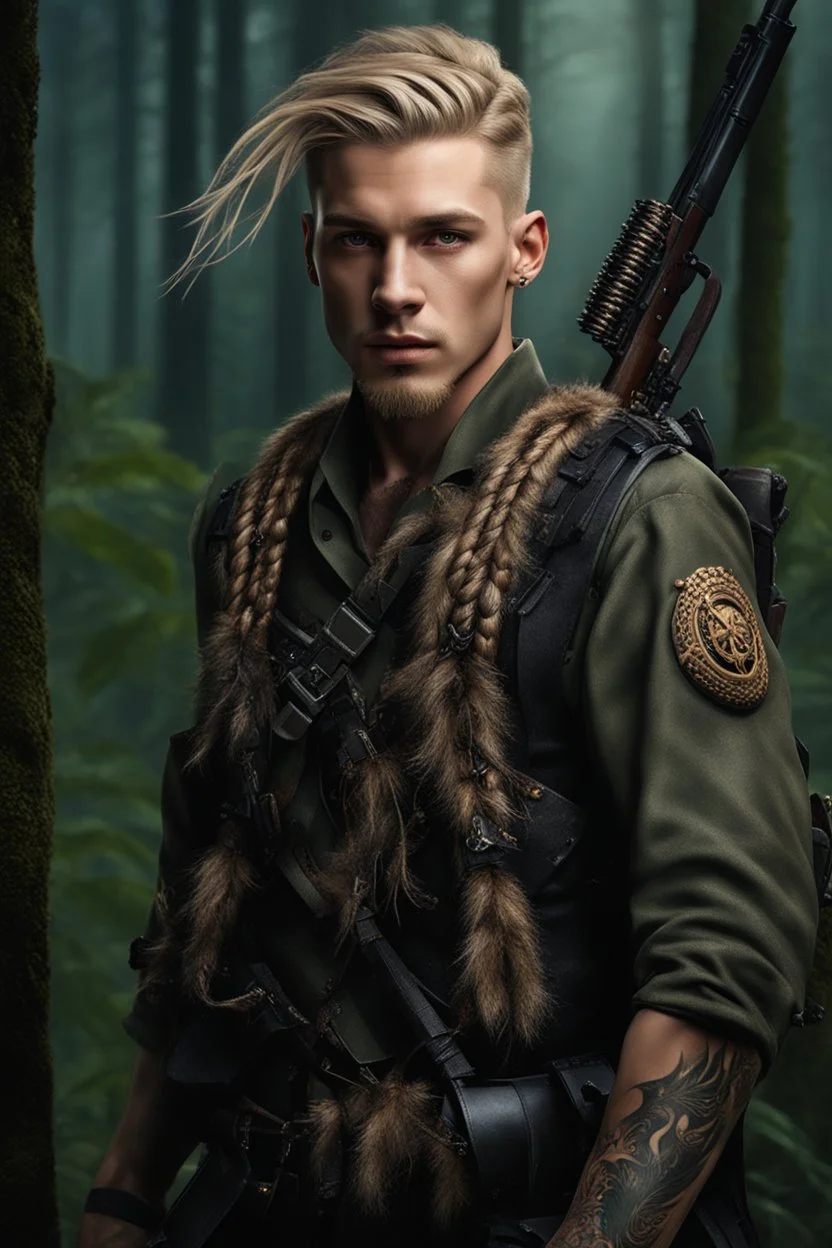 photorealistic hyperdetailed portait of 20-year-old german male, as mercenary with long blonde braided and undercut hair, tribal tattoos and goatee beard wearing modern mercenary uniform dark fantasy forest backdrop