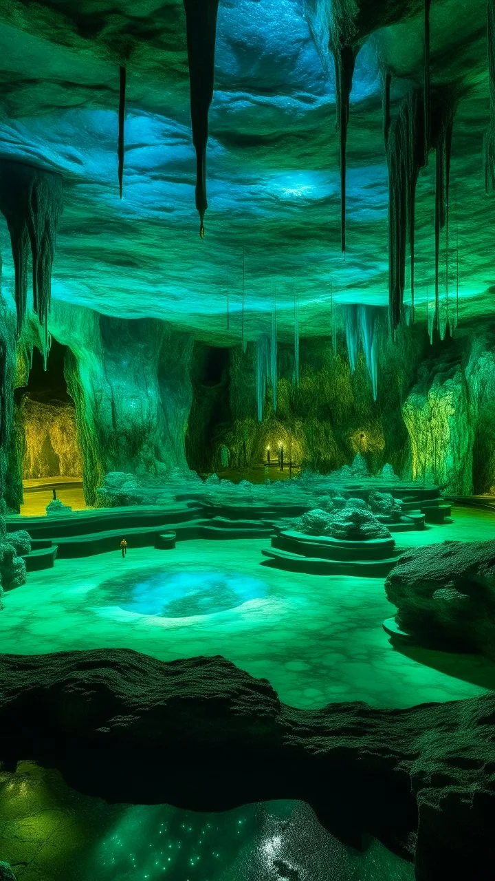 A greenish blue cavern with crystals and gems designed in African pottery painted by Vincent van Gogh