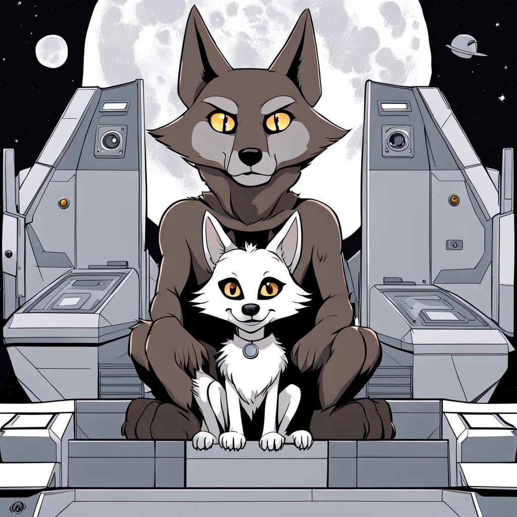 digital art front in picture an of little dark brown catlike creature with big ears, big eyes stands medium close and looking an anthropomorphic wolf couple sitting on the spaceship's ramp close together, the pale gray body hair female wolf sits behind strong male wolf and touths one paw on the dark gray body hair man wolf's shoulder, raini day, on ramp a little piece of meat lies down, high contrast, high detalied, high realistic, in background detail of an angular spaceship visible. Rain