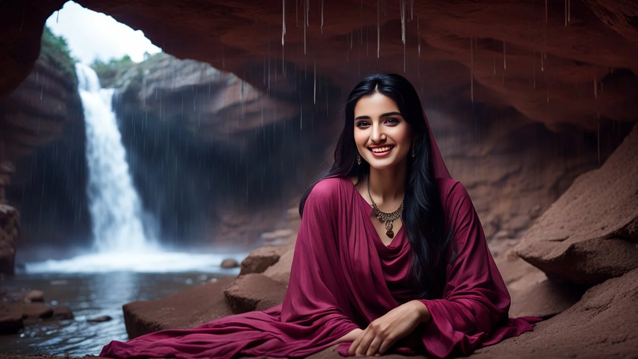 Hyper Realistic Photographic Outside View Of A Gorgeous Pashto Girl (Wearing Simple Burgundy Colored Dress & Wearing Plain Pink Dupatta On Her Neck) Happily Sitting & Smiling Boldy In A Cave & Showing Her Long Black Hair With Waterfall View Outside, With Heavy Rain Outside Cave At Dark Night Showing Dramatic & Cinematic Ambiance.