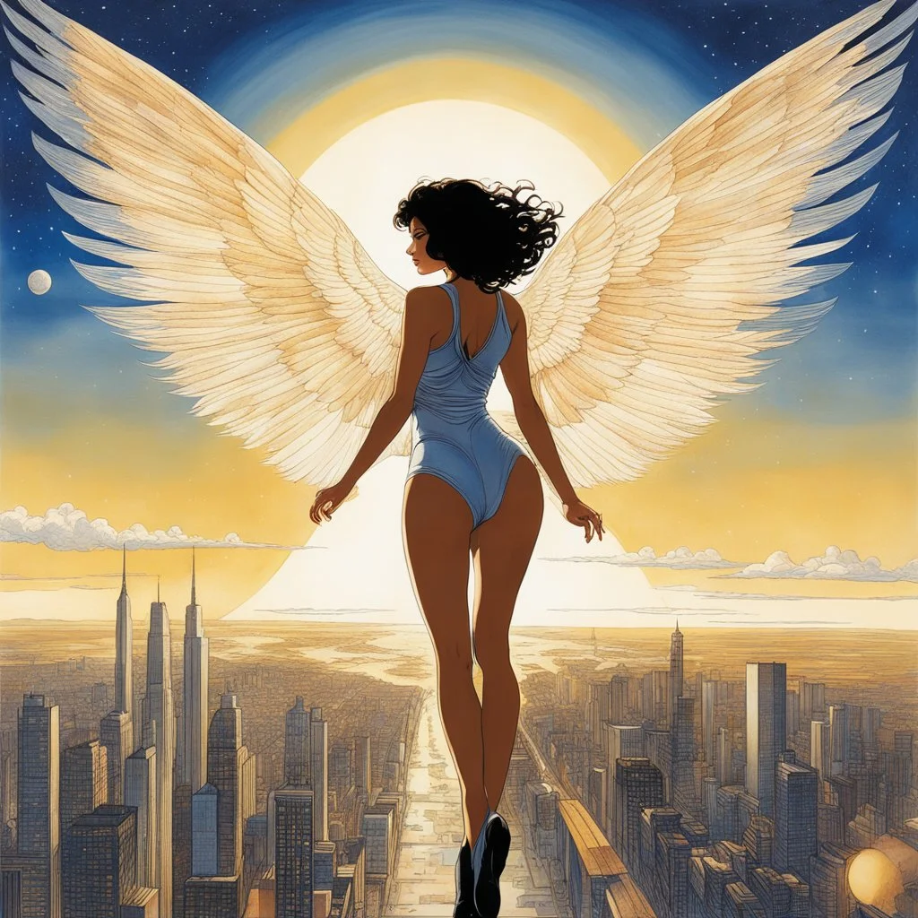 [art by Milo Manara] In a world where the sky is the new frontier, “AeroDynamica” emerges as the embodiment of progress and freedom. This digital artwork captures a futuristic girl, her silhouette sleek against the cityscape, with wings that are a marvel of bioengineering. They unfurl with a grace that belies their intricate design, a fusion of organic curves and cutting-edge technology. “AeroDynamica” is not just a figure; she’s a statement about the potential within us all to