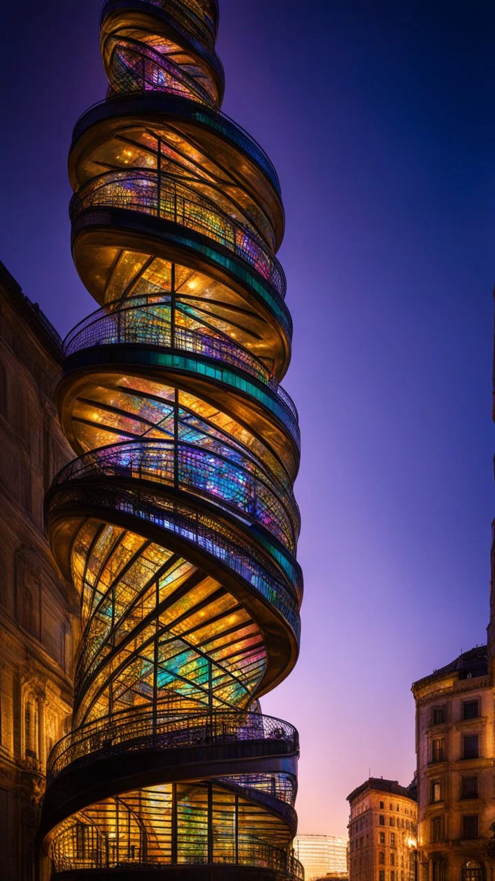 94614, delightful, sensitive, confident, iridescent double helix tower, delicate, nocturnal, architecture, award-winning photograph, beautiful composition, filled with beautiful detail, delicate colour, chiaroscuro