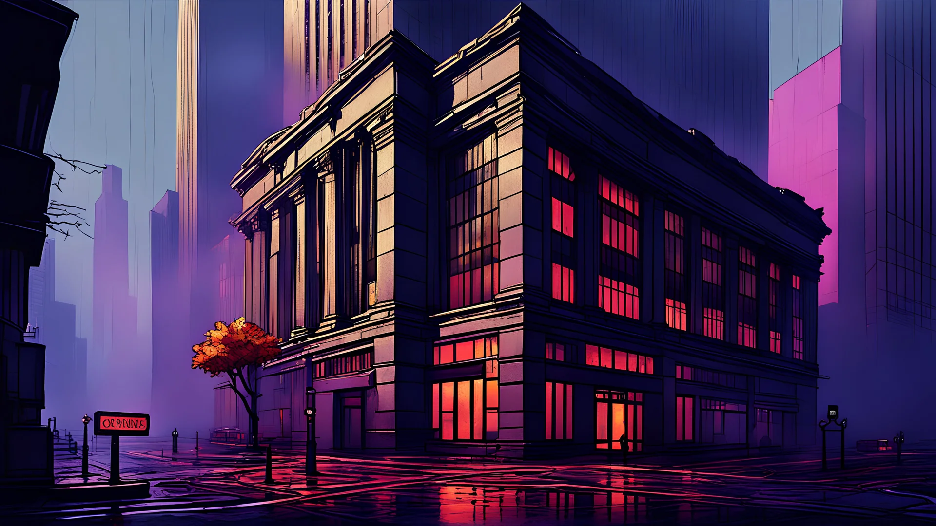 Sleek modern architectural style Gotham Stock Exchange with cobble stone paths, gas lamps, neon and synthwave lights, flashy Bill boards, autumn leaves falling, foggy weather, detailed matte painting, deep color, fantastical, intricate detail, splash screen, complementary colors, fantasy concept art,