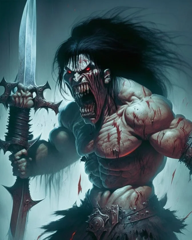 apocaliptic screaming scary zombie human berserker meaty black hair big greatsword