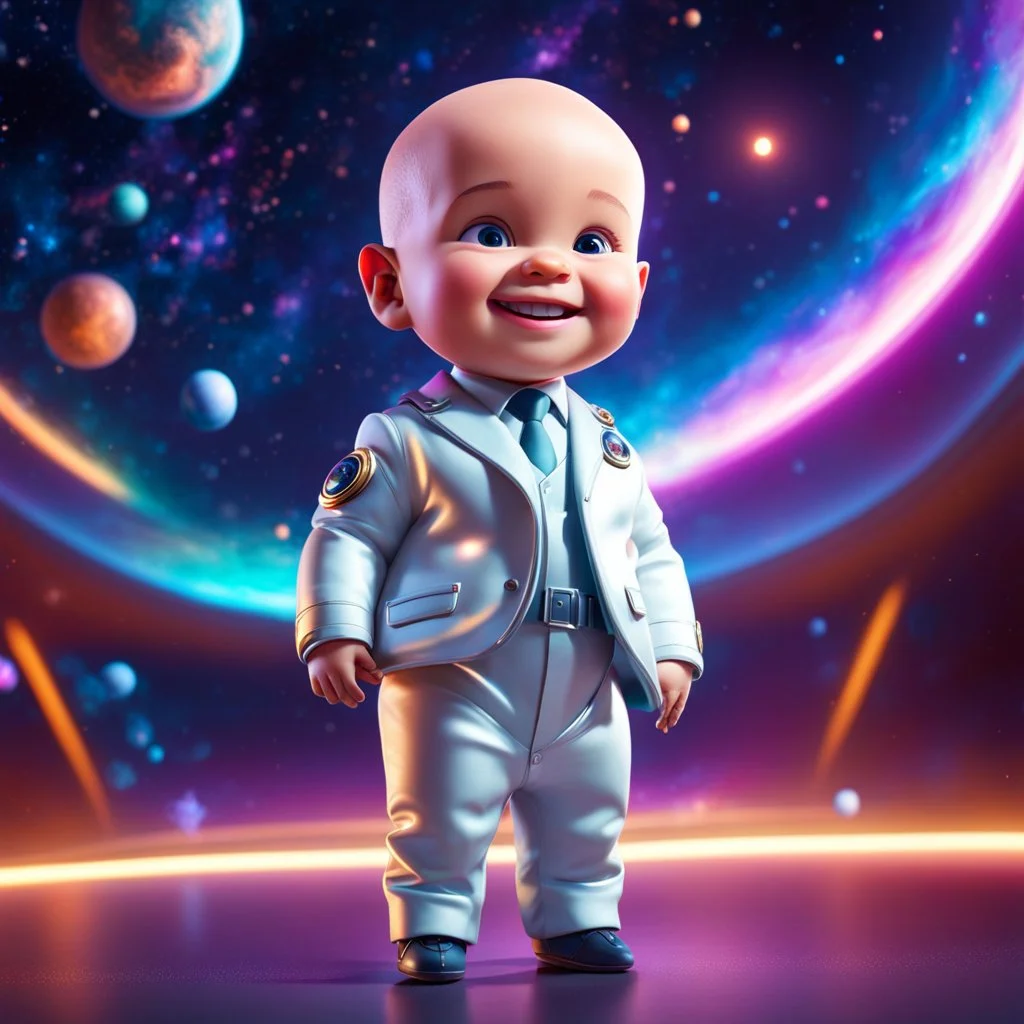 (masterpiece, best quality, 8k, RAW photo, beautiful and aesthetic:1.2), complex detail, Indirect light, photorealistic, (((full body))), Cosmic Boss Baby style smiling, bald, colorfull Sci-Fi environment