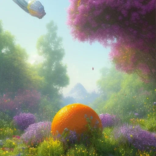 pixar style, 3d, volumetric summer garden environment and background, realistic painting of orange, looking excited, volumetric lighting, dramatic lighting, detailed digital painting, extreme dense and fine fur, anime, ornate, colour-washed colors, elegant, small minutiae, tiny features, particulars, centered, smooth, sharp focus, renderman gofur render, 8k, uhd, detailed eyes, realistic shaded volumetric lighting, sunlight caustics, backlight, centered camera view