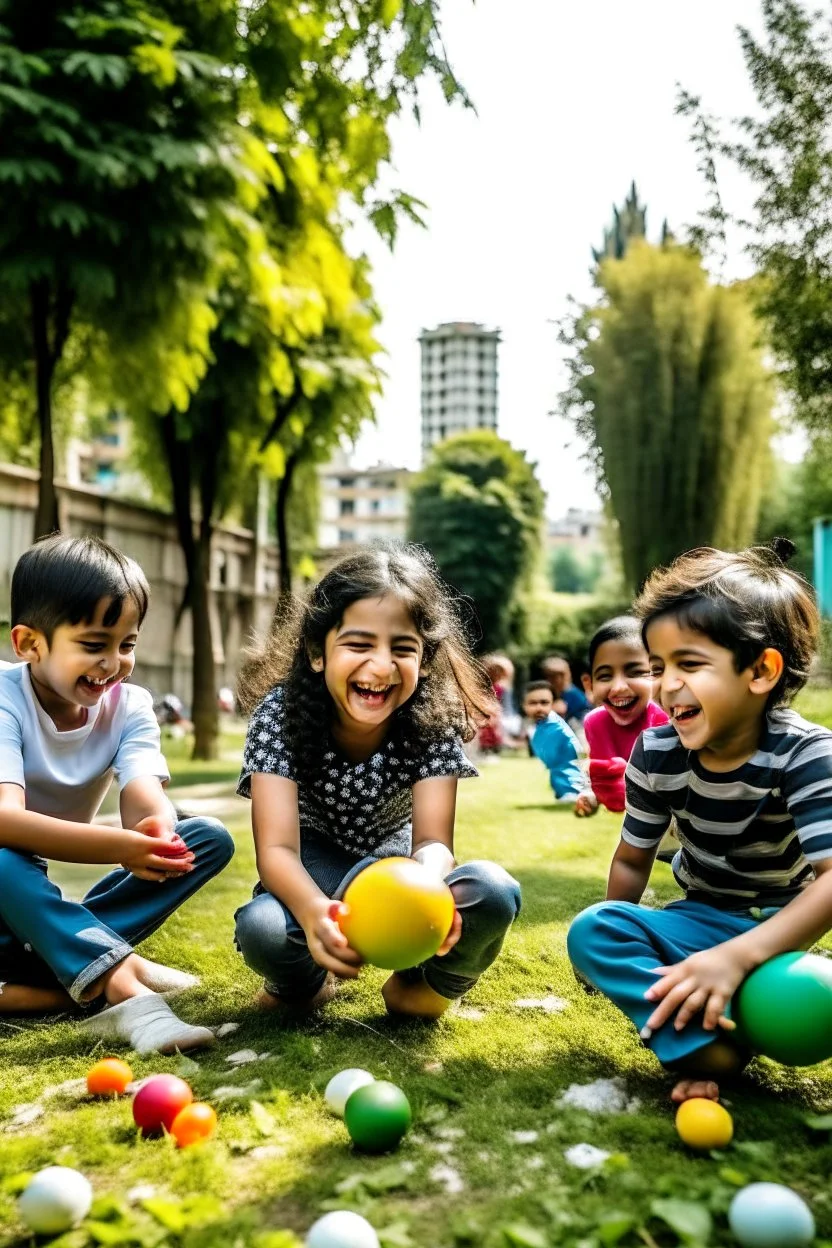 در این تصویر، گروهی از کودکان ایرانی در حال بازی و خندیدن در یک پارک هستند. کودکان ایرانی در سنین مختلف هستند و از انواع مختلف قومیت و فرهنگ هستند. آنها در حال بازی با توپ، دوچرخه سواری و بازی با حیوانات هستند. در پس زمینه، می توان تصاویری از ساختمان های مدرن و سبز را مشاهده کرد. این ساختمان ها نمادی از پیشرفت و توسعه کشور هستند.