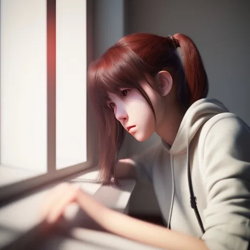 female student studying by the window, anime style, full body, cool face, unreal engine 5, cinema4d, sun light, studio lighting --ar 1:1 --v 4