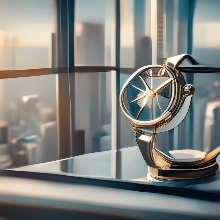 very close up of a big luxury wrist watch stands on table in balcony skyscraper camera looks at modern city environment reflected image i n watch plate