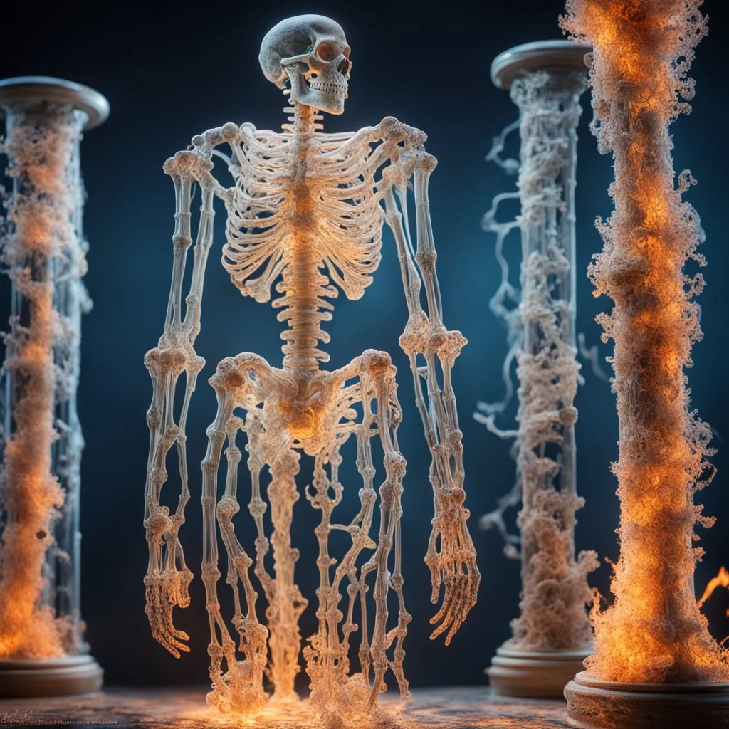 glass skeleton made of mycelium, greek pillars, fire particles, professional Photography, Intricate Patterns, Ultra Detailed, Luminous, Radiance, beautiful, high contrast, vibrant colors, Trending On Artstation, photorealistic