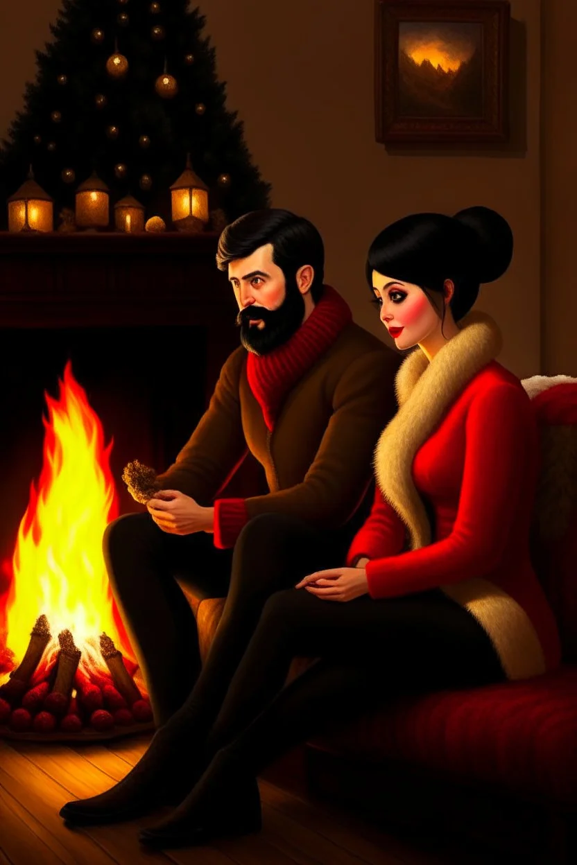 Fire place Christmas scene, dark haired couple, man with short black beard, blue eyes, sketch