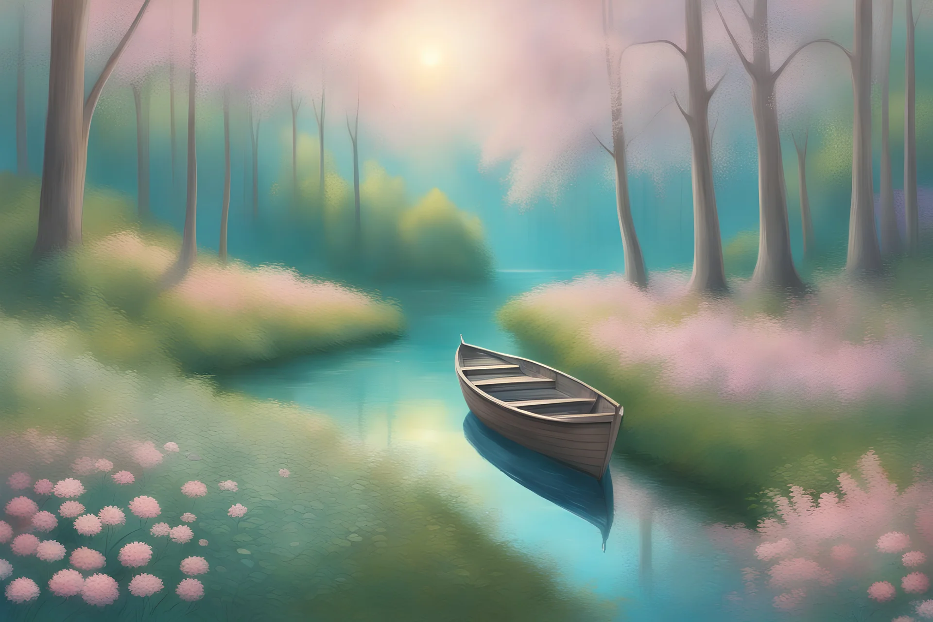 Un chemin dans une foret bordé de petites fleurs, un petit pont en bois clair, et une rivière turquoise avec le reflet des arbres et du soleil dans l'eau , une barque sur la rivière, une ambiance douce, des couleurs pastels orangées, bleu doux et vert clair, un ciel bleu intense avec des petits nuages roses, des rayons de soleil. Beaucoup de détail très précis et raffinés.On peut voir la délicatesse des pétales des fleurs. Fleurs et feuilles très détaillés très précises.Ambiance magique sereine