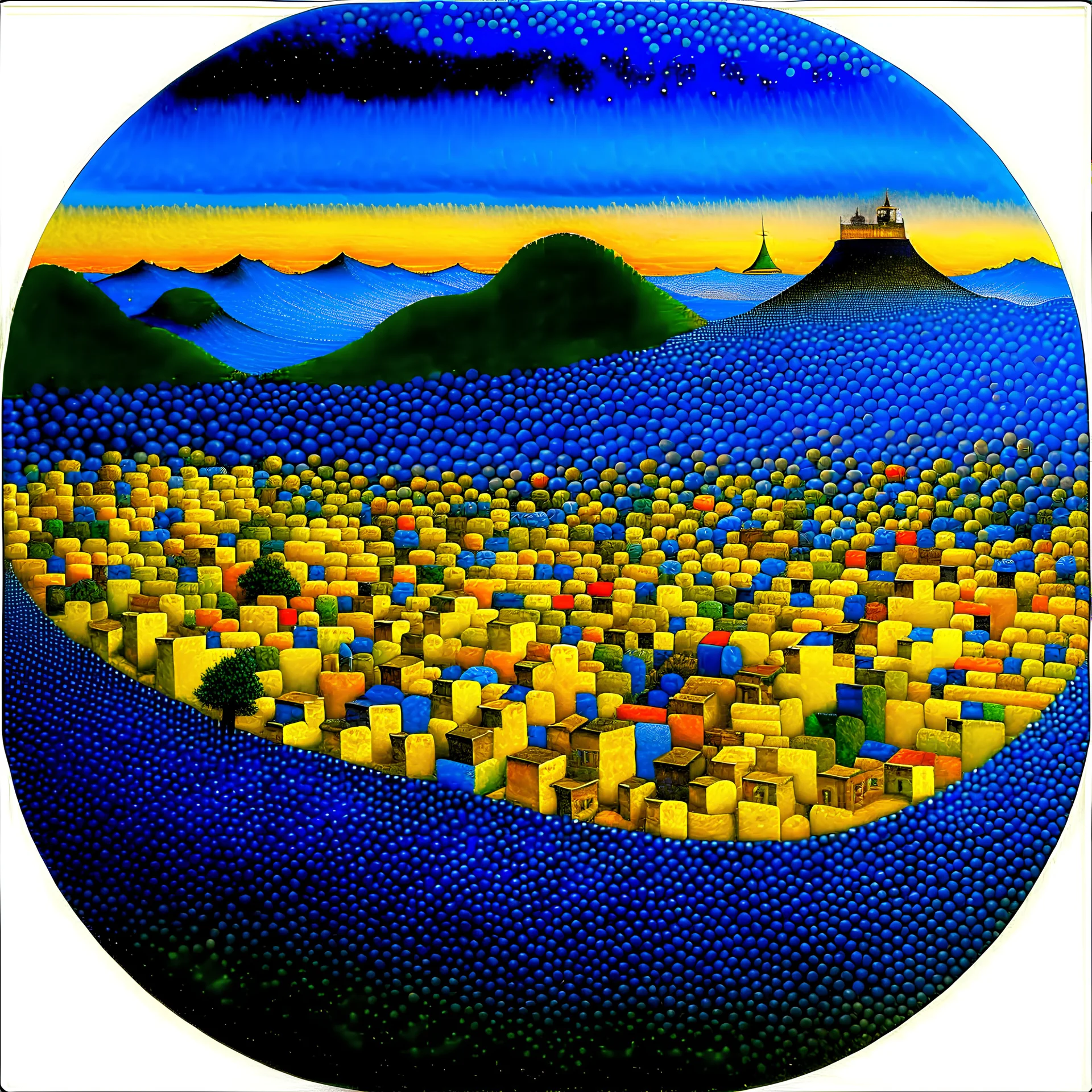 City with many colors, solchi e rilievi, dark blue decal pointillism Max Ernst