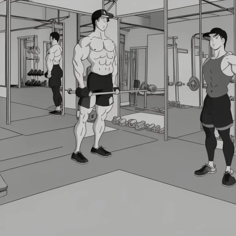 man with muscles doing fitness in a fitness studio, standing in front of a mirror, black and white only, lots of details