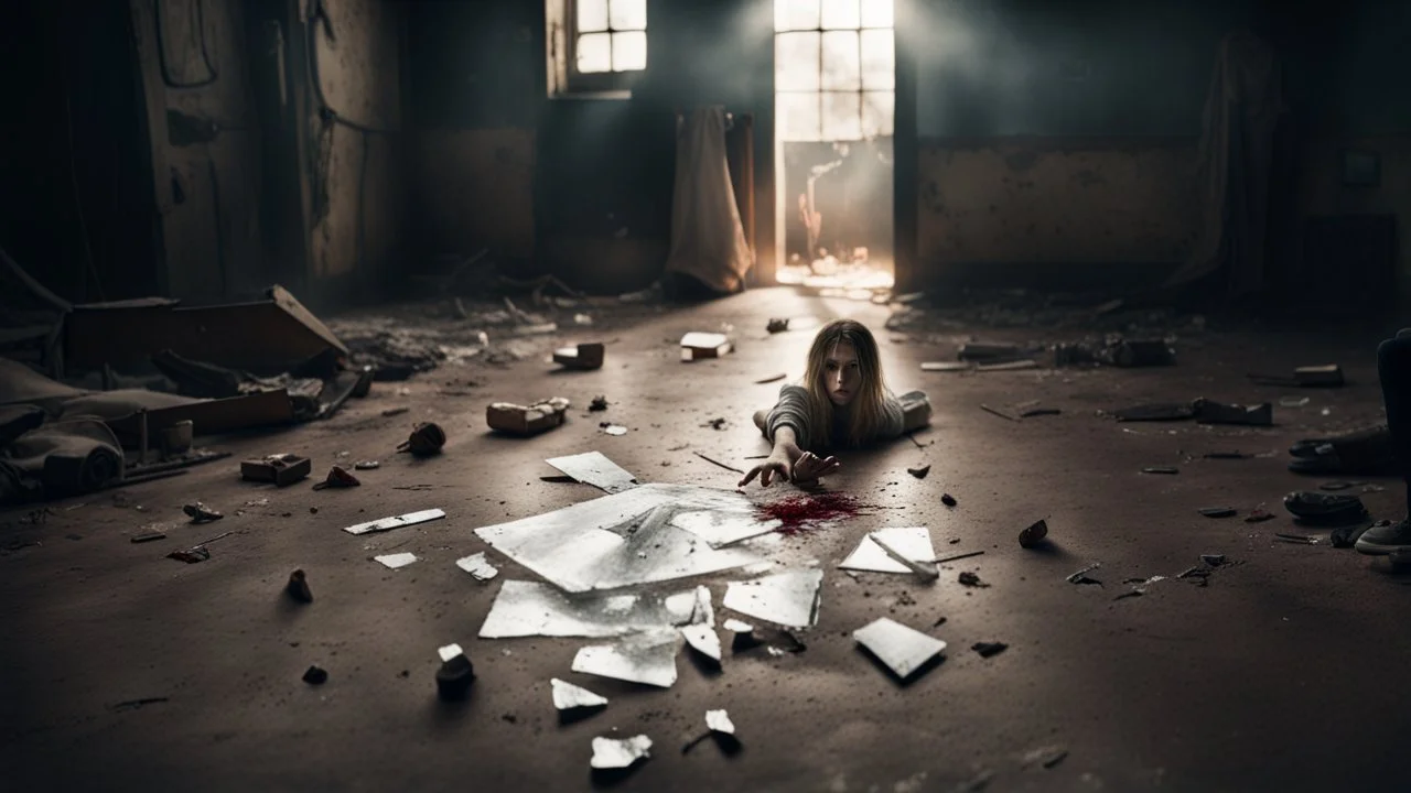 Glass shattering scene, a shattered glass pieces lies on dirt floor, and camera see a young woman's had with bloody fingers , The room is an old poor villager's abode, pale light, The mood is one of profound melancholy, sad