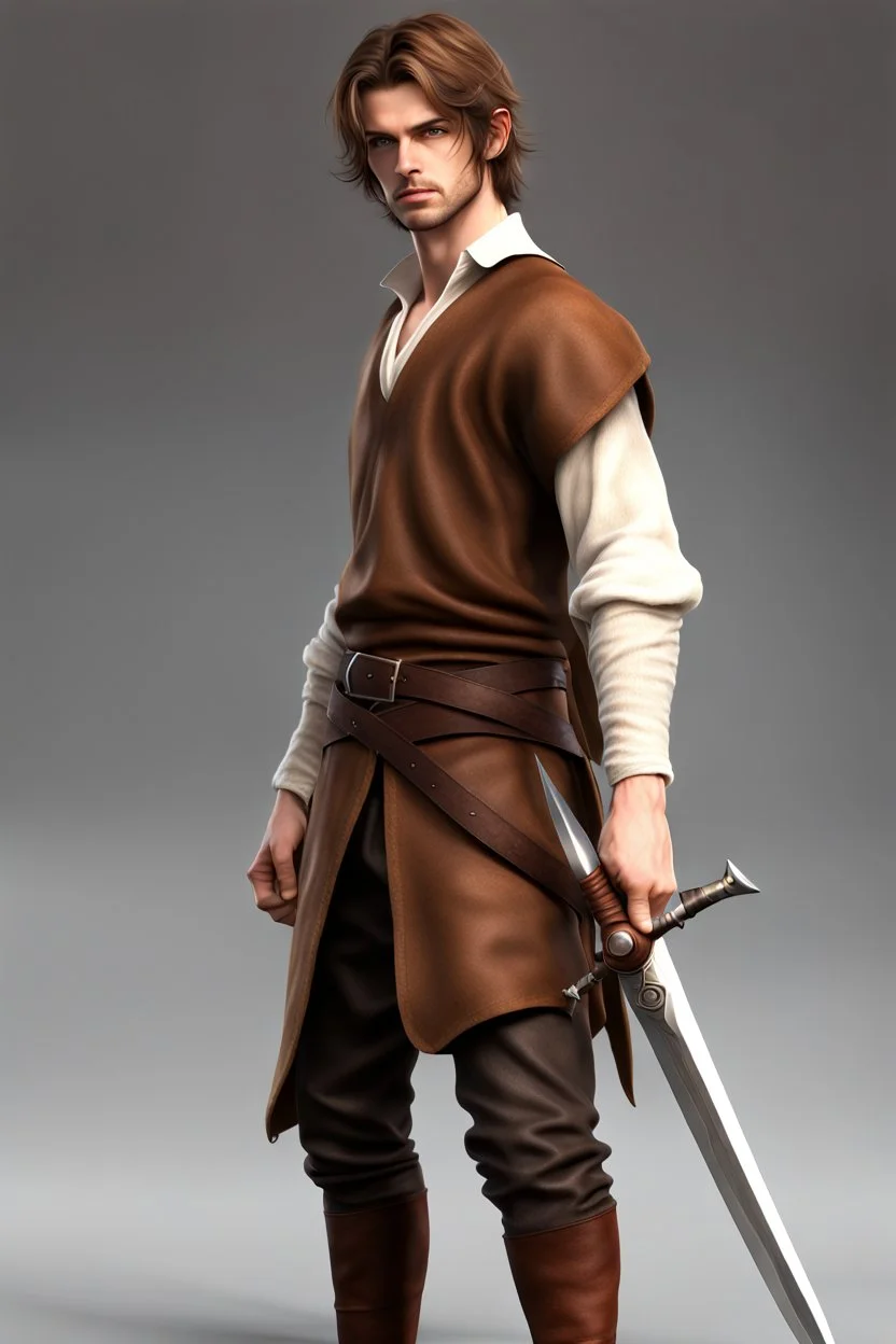 wide fantasy young noble swordman short brown hair photorealistic