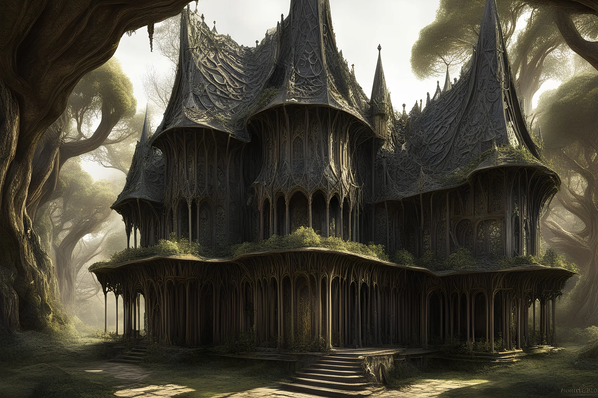 biomechanoid medieval elvish hut in the style of Alan lee gothic architecture Antonio gaudi giambattista piranesi art nouveau palais ideal 3d-mandelbox giger beksinski phillipe druilett ibuku house by elora hardy