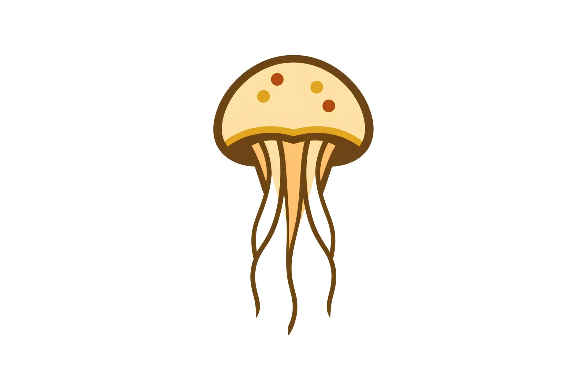 The image you provided is a simple, stylized depiction of a jellyfish. The jellyfish has a dome-shaped body (or bell) with some colored spots, and several tentacles extending downward. The design is minimalist, using a limited color palette with shades of beige, yellow, and brown, likely intended as an icon or graphic illustration.