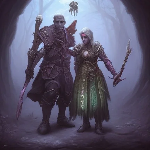 Drow inquisitor stands over a helpless prisoner and threatens them with a dagger. Both are in a cave deep underground decorated with symbols of the spider goddess