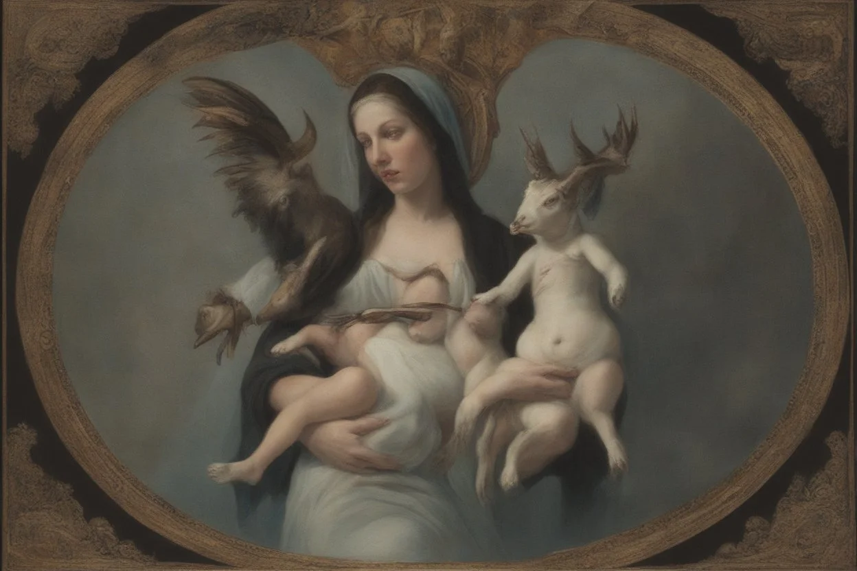 baphomet, attractive woman with head of a goat, holding a human child, chest and neck exposed, virgin mary composition