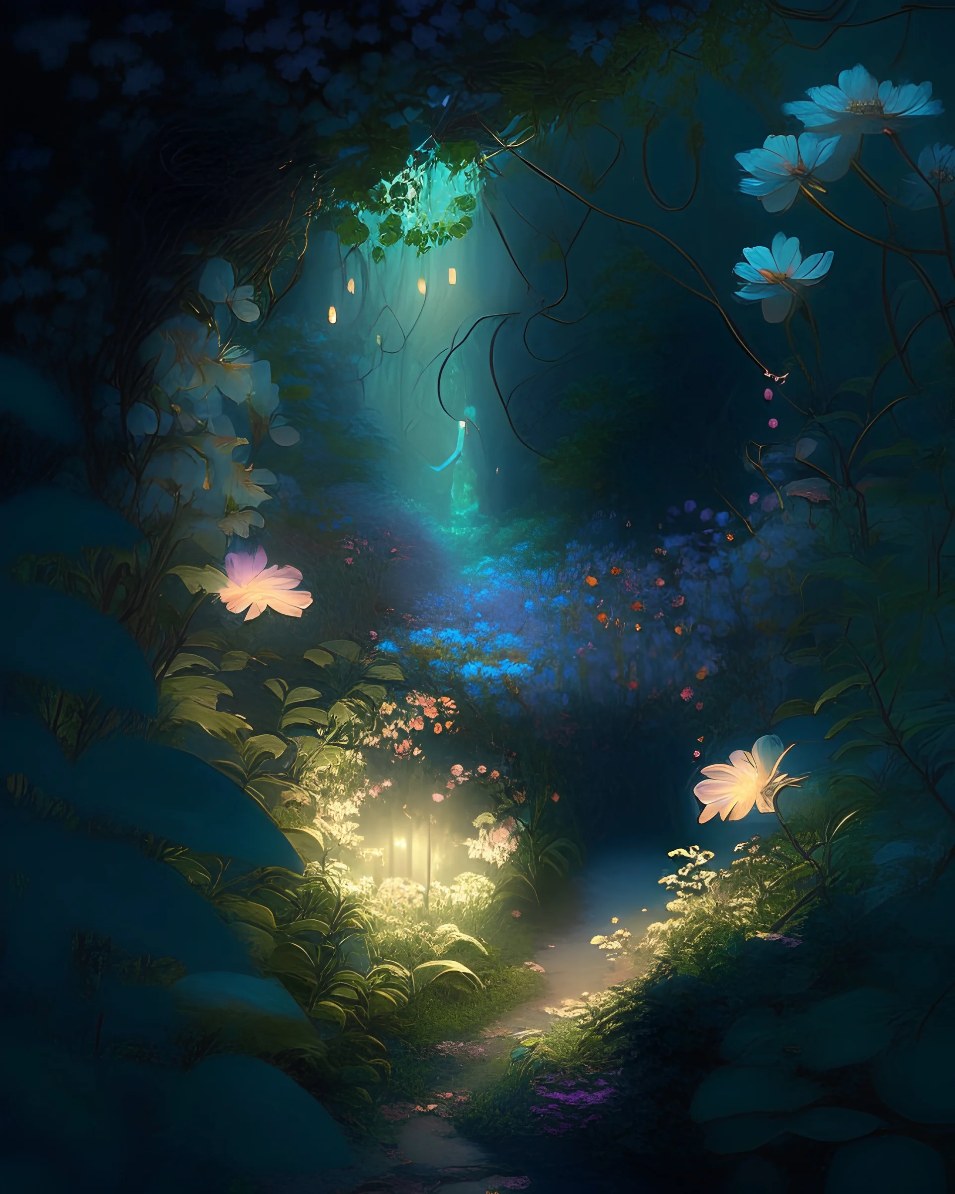 A hidden garden filled with luminescent flowers, casting a soft glow on the surrounding foliage and mysterious pathways.