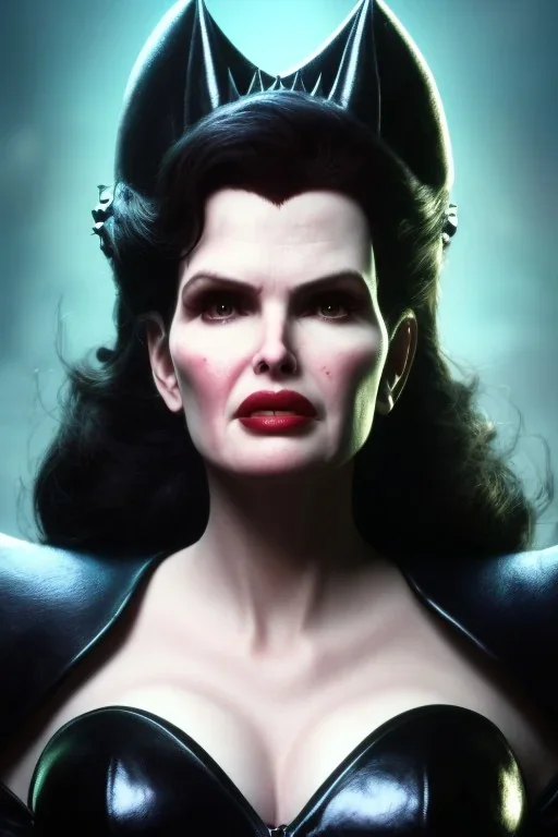 Geena Davis as evil queen in black leather, leather, busty, cleavage, angry, rage, stern look. character design by cory loftis, fenghua zhong, ryohei hase, ismail inceoglu and ruan jia. unreal engine 5, artistic lighting, highly detailed, photorealistic, fantasy