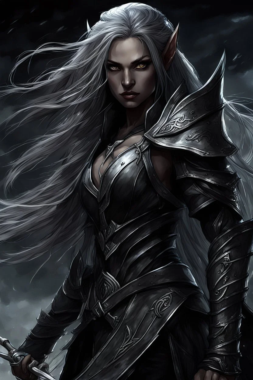 SA female elf with skin the color of storm clouds, deep grey, stands ready for battle. Her long black hair flows behind her like a shadow, while her eyes gleam with a fierce silver light. Despite the grim set of her mouth, there's a undeniable beauty in her fierce countenance. She's been in a fight, evidenced by the ragged state of her leather armor and the red cape that's seen better days, edges frayed and torn. In her hands, she grips two daggers, add dark shadow mystic purple flames