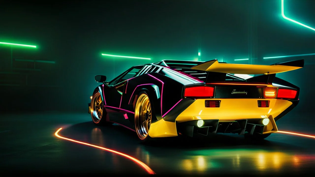 lamborghini countach glowing body lines and rims effect , rear view, desktop wallpaper, 4K, Cinematic