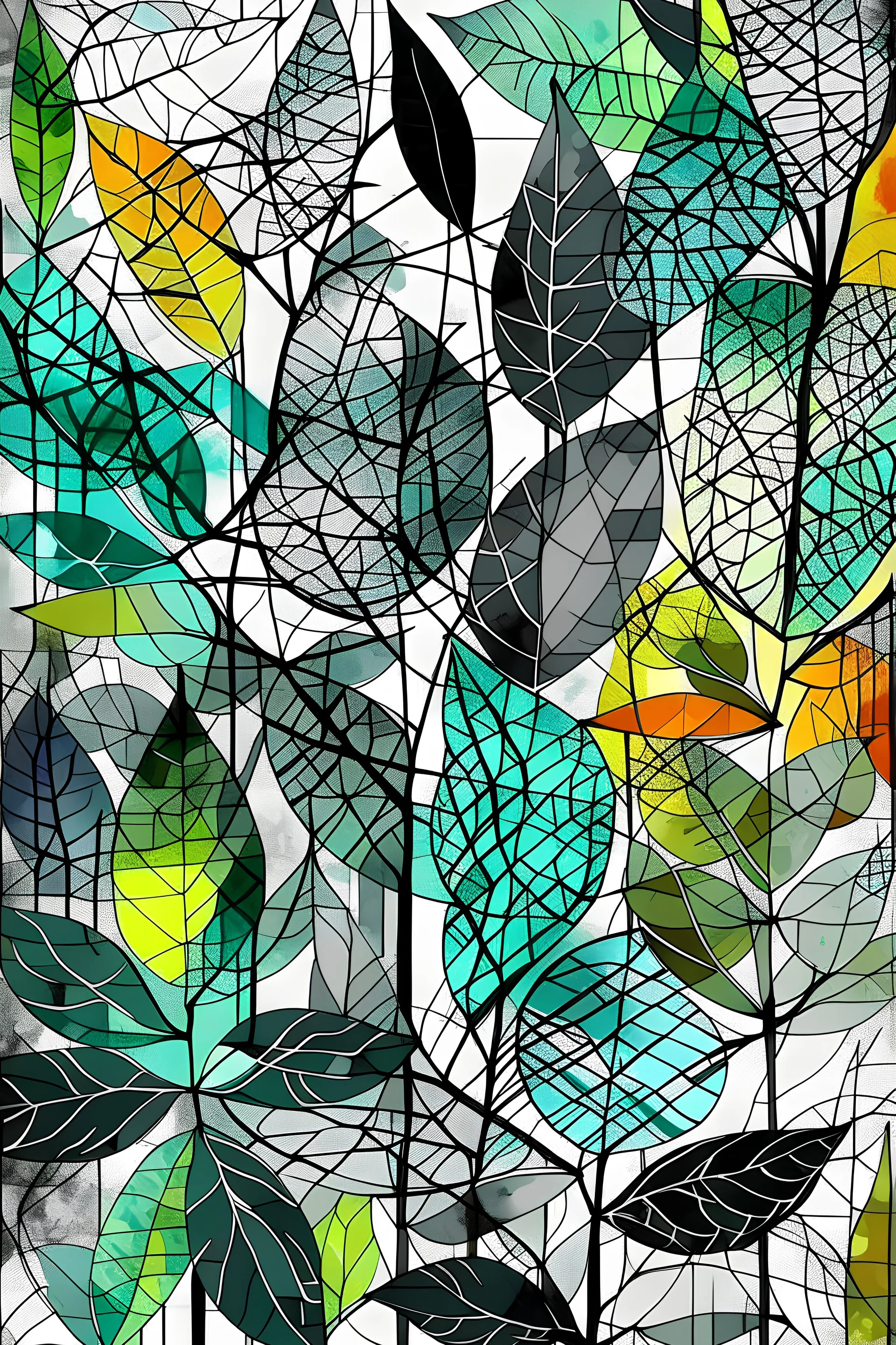 in abstract and watercolor style leaves in random colors crossed by black lines on a gray background