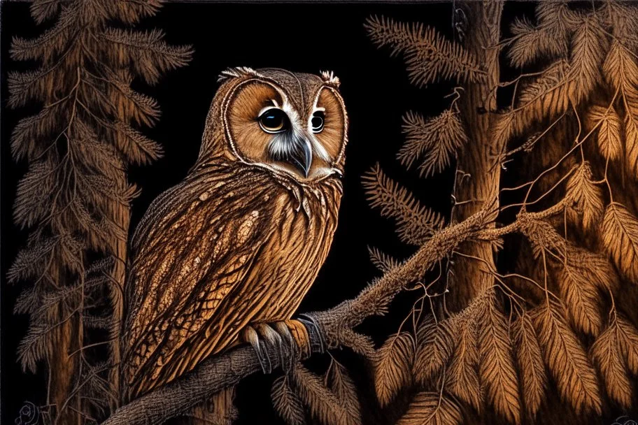 Brown Tawny Owl, pine tree, forest, autumn, dark night highly detailed intricate intricate details high definition crisp quality beautiful lighting pencil sketch watercolor dramatic lighting Deep shadows Warm colors warm light