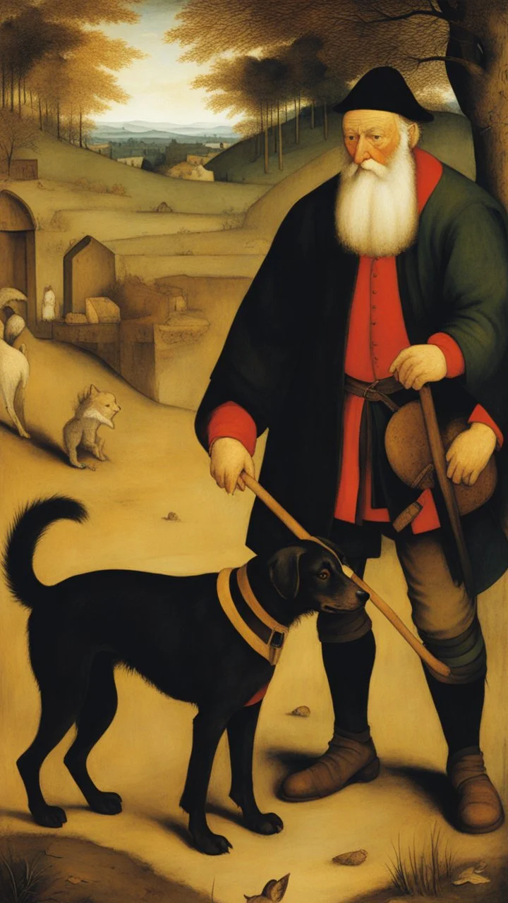 Pieter Bruegel painting style for an old man with his dog