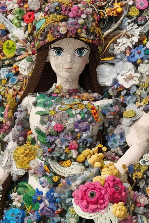 'Doll Parts" depicts a statue at Burning Man consisting of mismatched doll parts decorated with intricately detailed quilling consisting of flowers, foliage, feathers, shells, fossils, wood, pinecones, and gemstones; surrealism; Salvador Dali; Mixed media, quilling, rapturous, award-winning, intricate, insanely detailed, elegant, fantasy