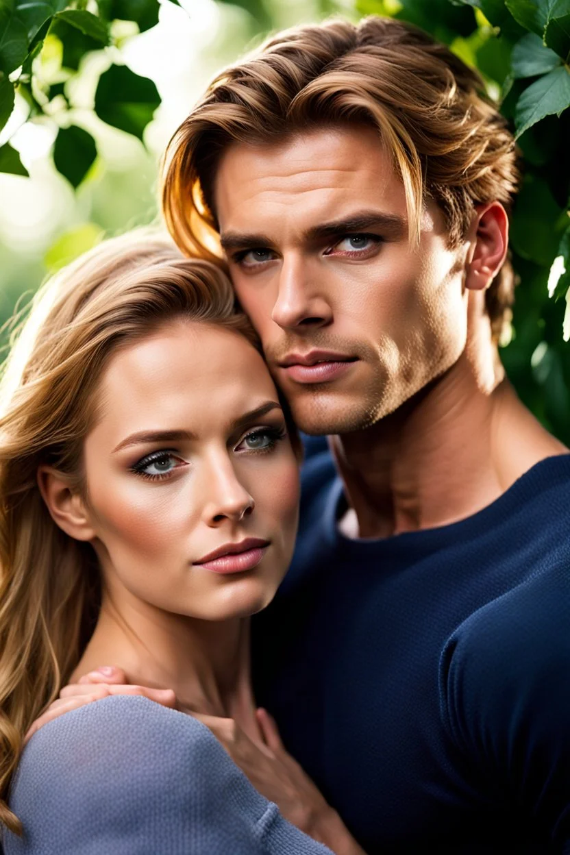 handsome man with light brown hair, tall muscular rugged handsome, wearing navy mechanics shirt, holding a beautiful delicate sweet young woman with honey colored hair wearing a pink sweater, close up shot, romantic, fine details, high resolution, attention to detail, eyes open, standing in front of a background with dense green foliage and vines