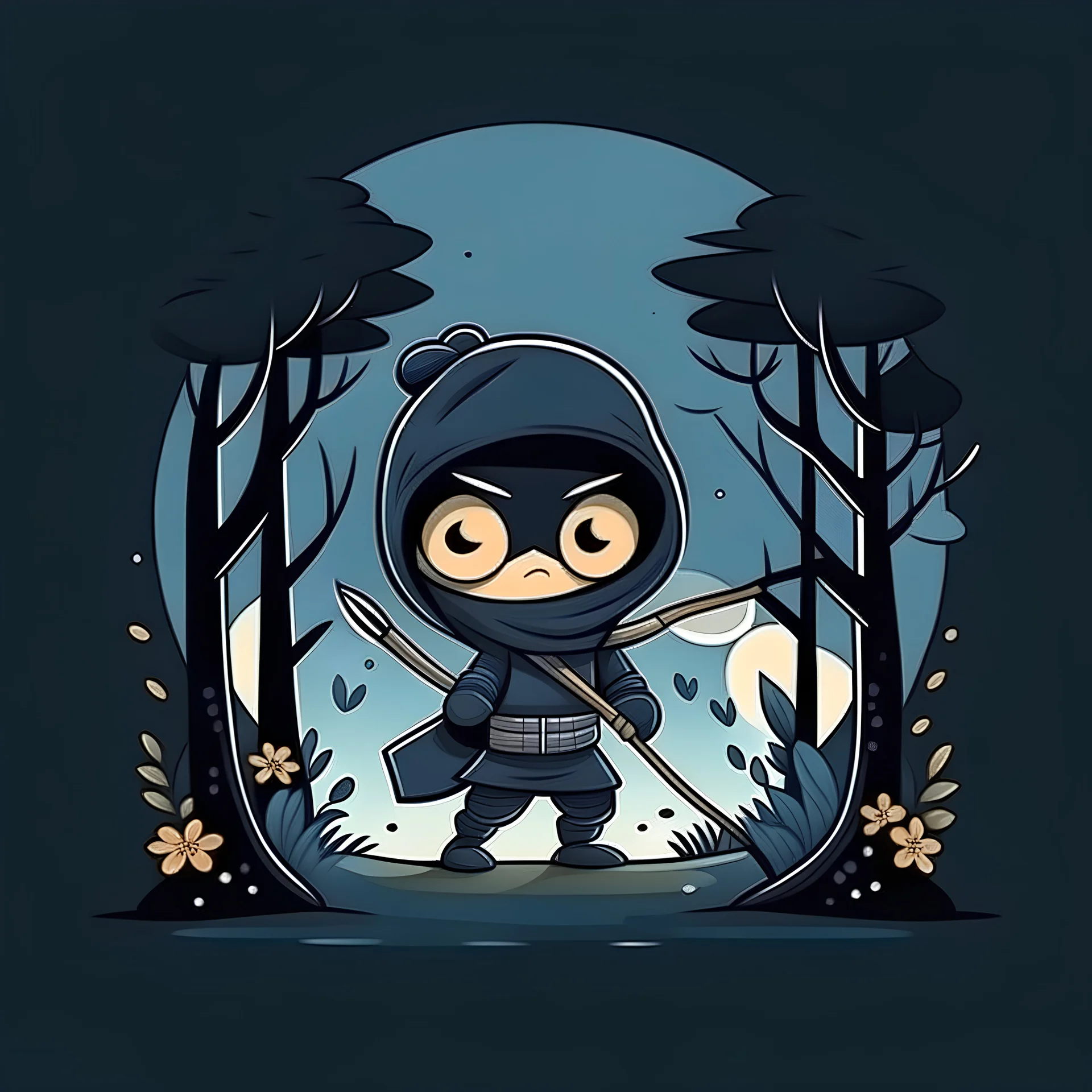 small ninja with black hair and a wooden staff in the night in a forest