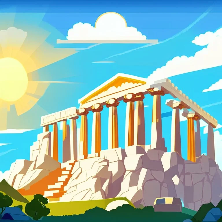 mount olympus from the greek mythology. view from below. temples high up on the mountain. Illustration. Cloudy. Sun behind the temple of Zeus.