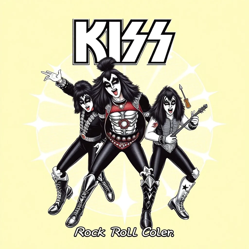 full color, Create a record Album cover for the Rock and Roll Band KISS - "Rock And Roll Over"
