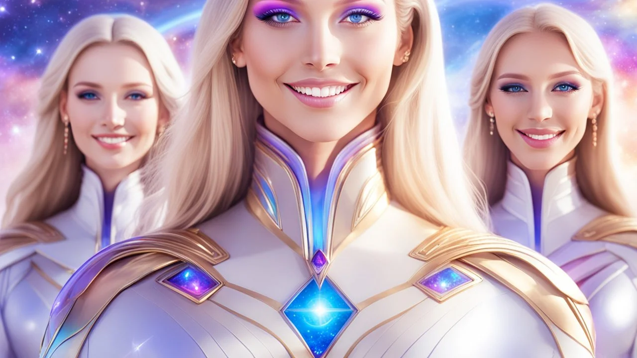 cosmic woman ,beautiful ufos rainbow, admiral from the future, galactic confédération, fine whole face, crystalline skin, expressive purple eyes,rainbow, smiling lips, very nice smile, costume pleiadian, Beautiful tall woman pleiadian Galactic commander, ship, perfect datailed golden galactic suit, high rank, long blond hair, hand whit five perfect detailed finger, amazing big puple eyes, mouth, high définition lips, cosmic happiness, bright colors